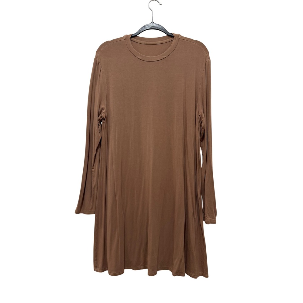SHEIN Women Brown Long Sleeve Swing Mini Dress XL Crew Neck A-Line Jersey Knit